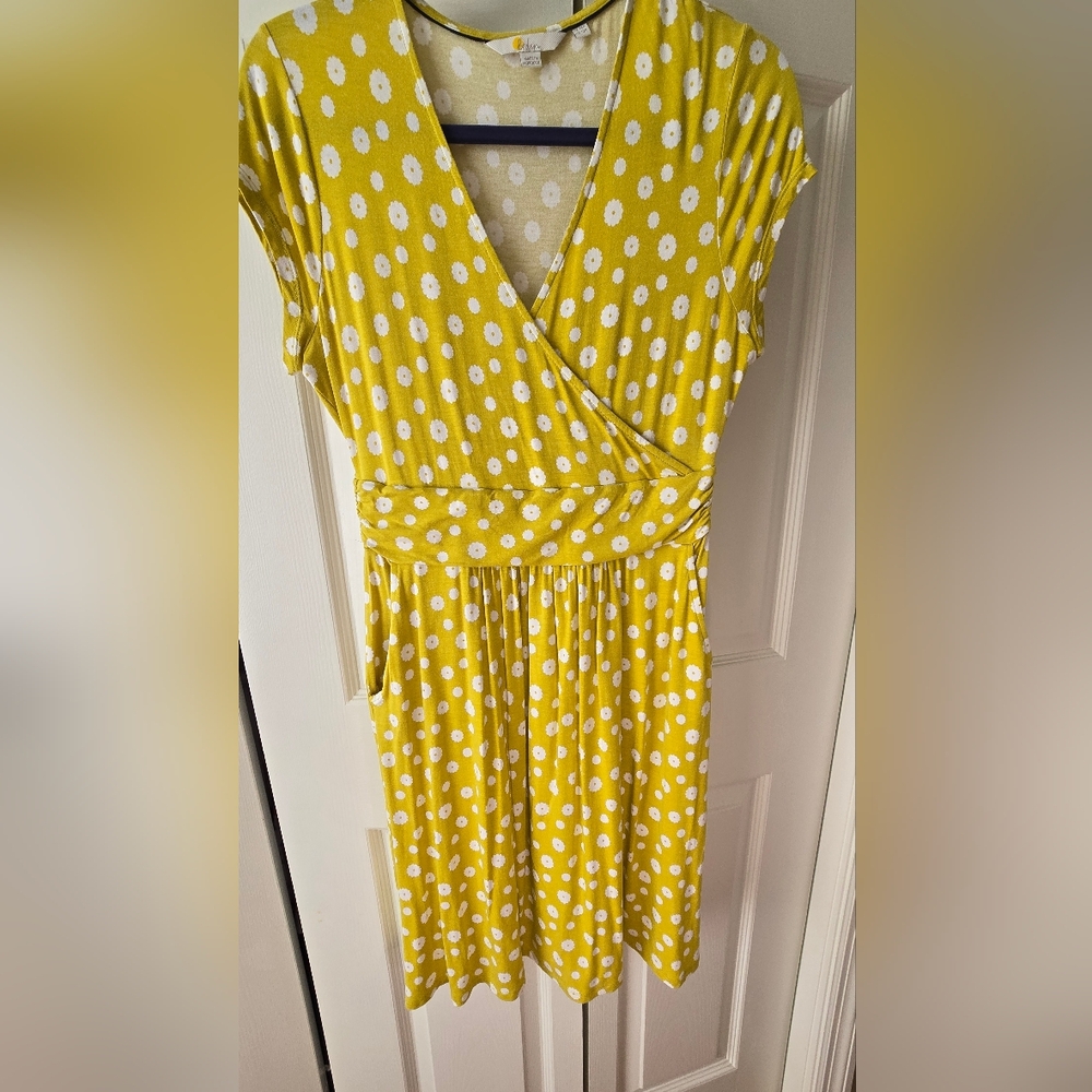 Boden Yellow and White Polka Floral Midi Wrap Dress